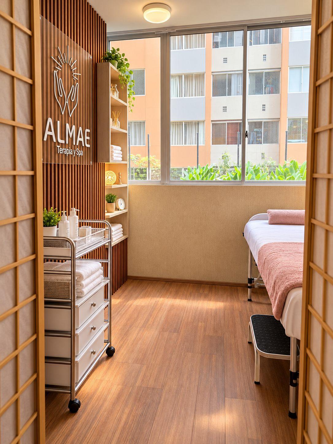 Consultorio de ALMAE: camilla de terapia, equipos y ventanales con luz natural